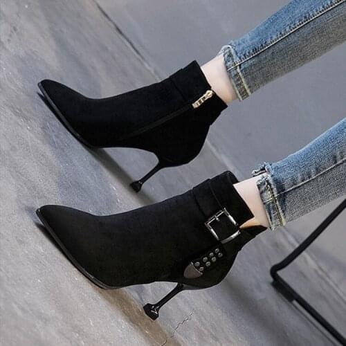 New Women Boots Ankle Zipper Booties High Heels Autumn And Winter Pointed Toe Plus velvet ankle suede tassel boots W20-51