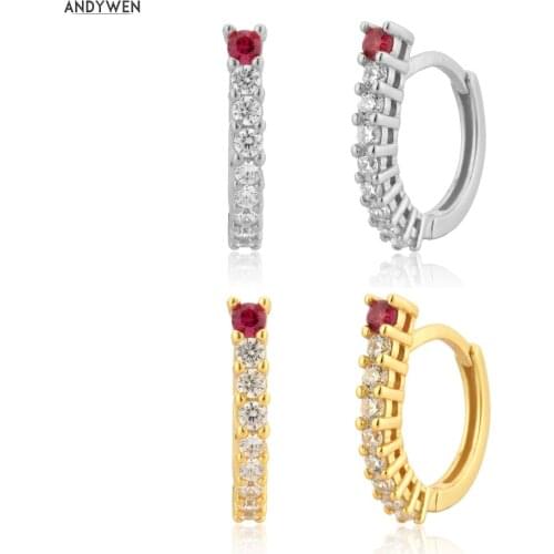 ANDYWEN 925 Sterling Silver Gold Pink Zircon Charm Huggies Crystal Clips Hoops Circle Rock Punk Round Piercing Fine Jewery