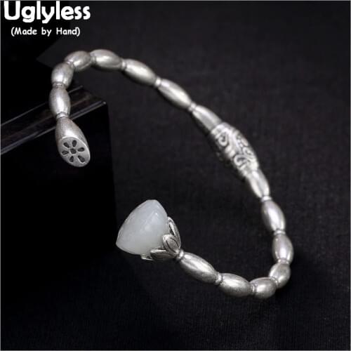 Uglyless Real 925 Sterling Silver Lotus Root Open Bangles for Women Asian Cultural Ethnic Thai Silver Bangle Jade Lotus Bijoux