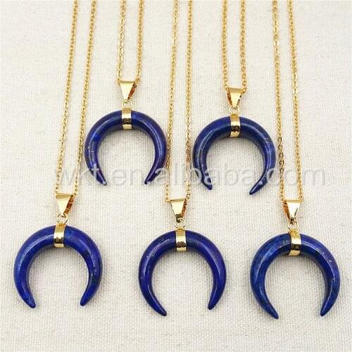 WT-N852 Wholesal Blue Lapis Stone Horn Necklace with 24K gold color in high quality Natural Stone Lapis Horn jewelry