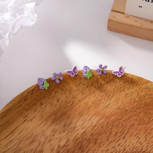 Simple Mini Stud Ear 6pcs/ Set Girl Jewelry Accessories Cool Cute Purple Flower Butterfly Grape Earring Good Gift