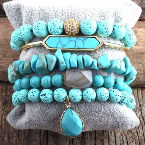 RH Fashion Boho Jewelry Blue Lava Stone Bracelet & Bangle 5pc Bracelets Sets For Women Bohemian Gift DropShip