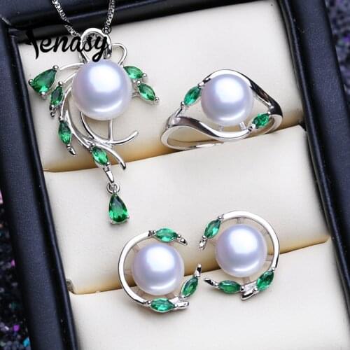 FENASY Trendy 925 Sterling Silver Natural Pearl Jewelry Sets For Women Green Emerald Earrings Pendant Necklace Engagement Ring