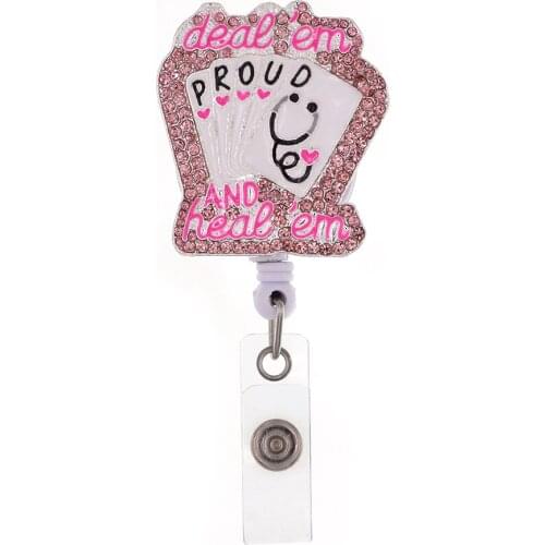 Cute Pink PROUD Playing Cards With Stethoscope Rhinestone Retractable Badge Reel Clip Badge Holder