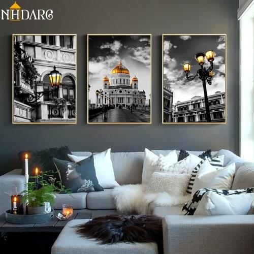 Modern Black White Yellow City Scenery Landscape Canvas Art Print Painting Poster Wall Pictures For Living Room Home Decor