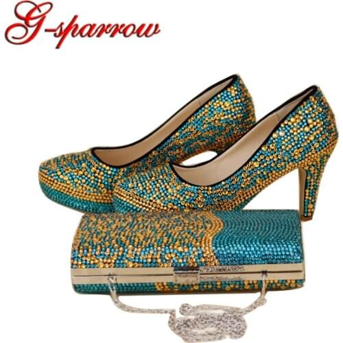Blue and Gold Rhinestone Mixed Color Bridal Wedding Shoes with Handbag Gorgeous Lady Party Prom High Heels with Matching Bag