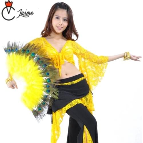 Belly Dance Fans Stage Performance Props peacock Feather Folding Hand Fans Peacock Feathers Yellow fan for dancing