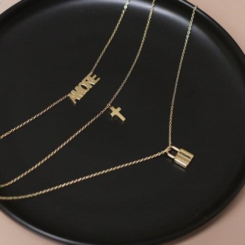 Three-layer chain French letter Cross Lock necklace Lock chain Titanium Steel