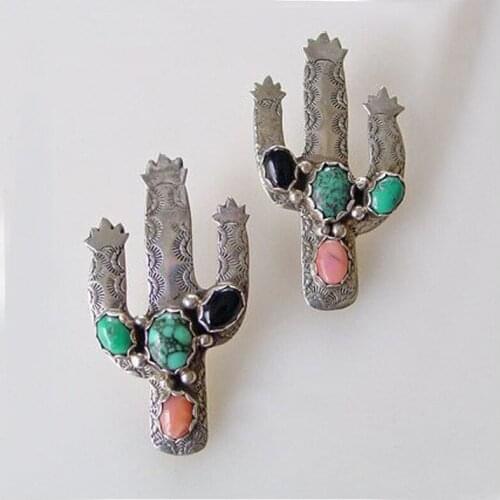 Vintage Cute Cactus Plant Stud Earrings for Women Boho Ethnic Silver Color Turquoises Stone Sweet Girl Daily Earrings