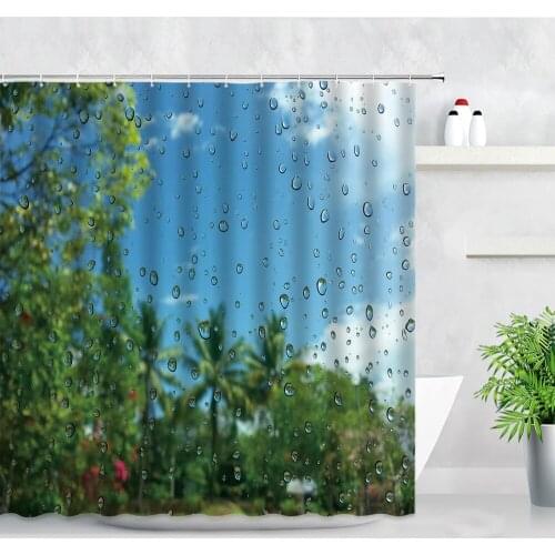 Waterproof Fabric Shower Curtain Set Raindrops Green Tropical Plants Background 3D Printing Modern Bathroom Decor Hooks Curtains