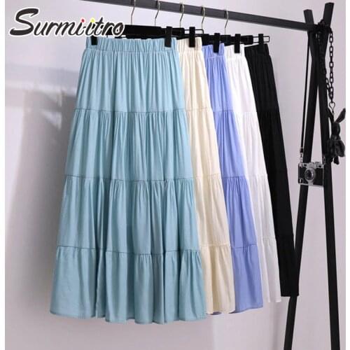 SURMIITRO Korean Style Long Skirt Women For Spring Summer 2021 Blue White Black High Waist Sun School Midi Pleated Skirt Female