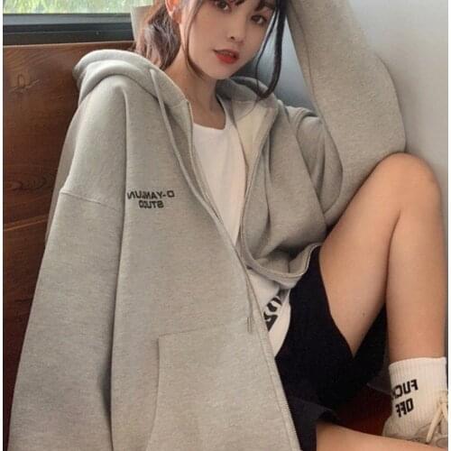 Women Zip Up Hoodies Sweatshirt Casual Loose Vintage Solid Letter Long Sleeve Pockets Oversized Basic Jacket Coats Tops Hooded