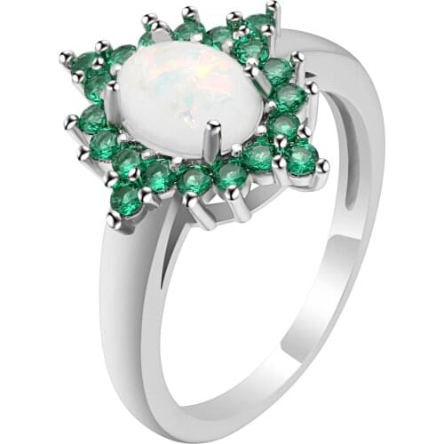 Green Cubic Zirconia Lady Flower Ring White Gold Filled Vintage Opal Oval Ring Women Wedding Bands Engagement Party Finger Ring