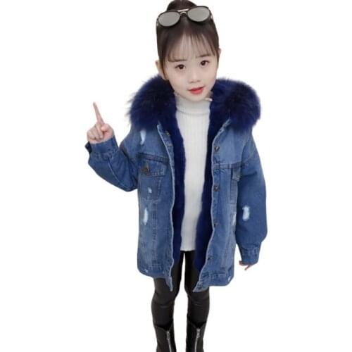 Girls Winter Denim Plus Velvet Jacket New Long Children Thickening Warm Coats Big Kids Cotton Fur Collar Hooded Parkas Outwear
