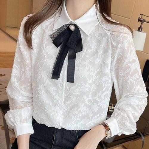 Blouses Long Sleeve White Blouse Tops Women Blouse Women Blusas Mujer De Moda 2021 Turn Down Collar Chiffon Blouse Shirt E676