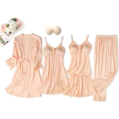 Champagne 5 Piece Pajamas Set Sexy Lace Stain Women Pajamas Faux Silk Dressing Gown Lace Summer Robe Sleepwear With Chest Pads