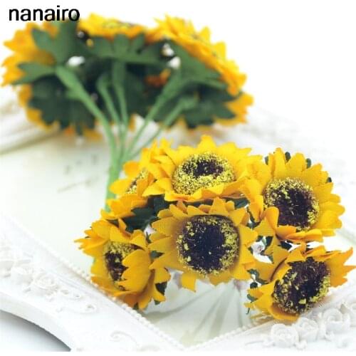 Cheap 6 pieces / 10CM artificial handmade silk simulation sunflower bouquet wedding decoration home garden DIY walnut decals