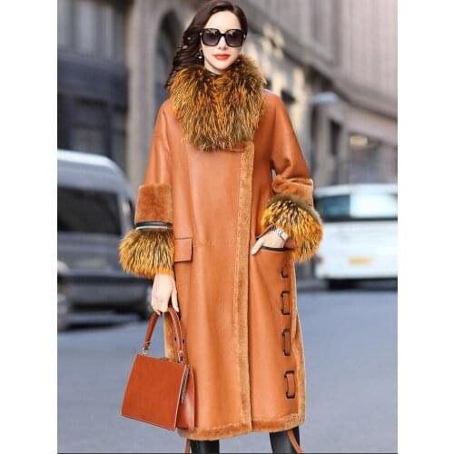 Double Faced Real Fur Coat Female Genuine Leather Jacket Winter Coat Women Raccoon Fur Collar Luxury Wool Coats MY4401