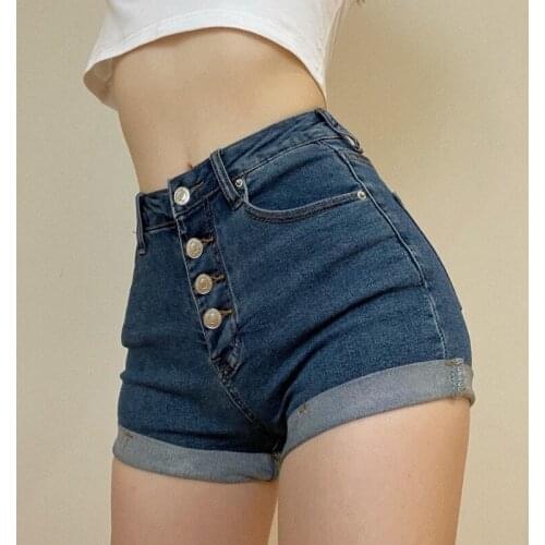 WOMENGAGA Four-buttonTurn-up High-waist Stretch Denim Shorts 2021 Summer New Korean Women High Street Short Trousers 5YOM
