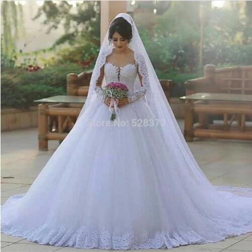 YNQNFS IWD8 Tulle Court Train Princess Sheer Neck Long Sleeves Bridal Dress Gown Ball Gown Wedding Party Dress 2019