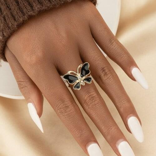 Cute Girl Black Drip Oil Butterfly Rings for Women Gold Metal Adjustable Midi Finger Rings Wedding Promise Party Jewelry Gift