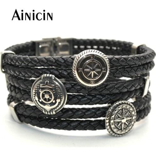 1pc Genuine Black Leather Wristband Mens Bracelets Stainless Steel Compass Anchor Star Class Bangles Jewelry Gift