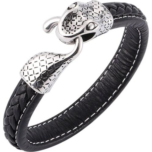Punk Men Jewelry Black/Brown Braided Leather Bracelet Snake Shape Stainless Steel Clasp Male Bangles Wrist Band Gifts S0192