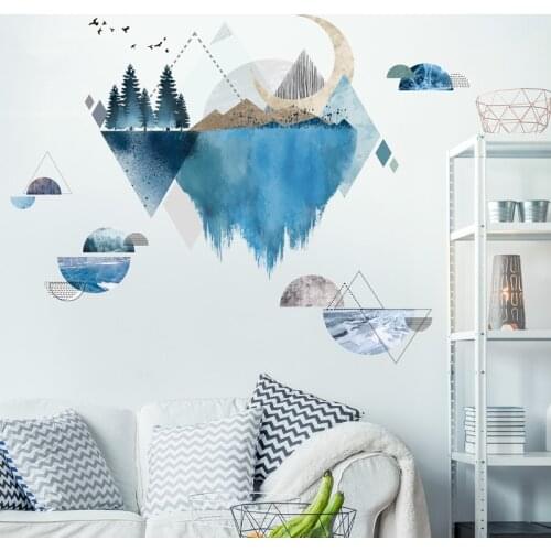 [shijuekongjian] Rivers Mountains Wall Stickers DIY Tree Birds Mural Decals for Living Room Bedroom House Decoration