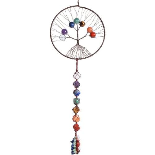 Natural 7 Chakra Crystal Stone Beads Tree Of Life Slices Mineral Stone Handmade Wall Hanging Ornaments Home Decoration Gift