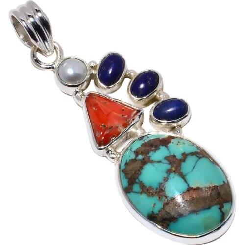 Nature Turquoise + Pearl + Lapis Lazuli Pendant 925 Sterling Silver, 52 mm, MHBAP5675