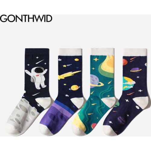 GONTHWID Creative Universe Astronaut Planets Cotton Socks Streetwear Men Women Hip Hop Harajuku Fashion Casual Skateboard Socks