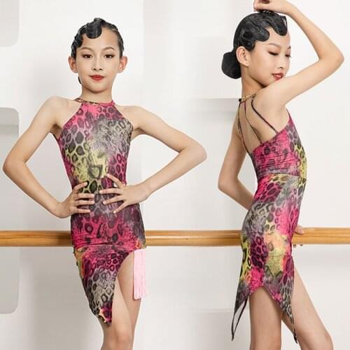 Fringe Latin Dance Dress Girls Leopard Samba Costume Summer Salsa Dancewear Split Tango Practice Wear Designer Clothes JL3278