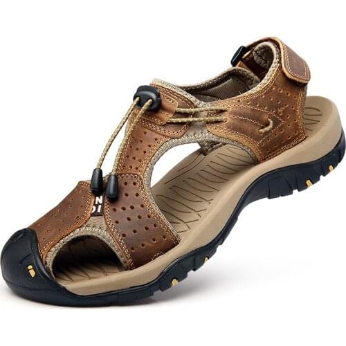 Men Sandals Cowhide Leather Male Summer Shoes Outdoor Beach Gladiator Sandals Shoes for Men Sneakers Flip Flops Plus Size 46