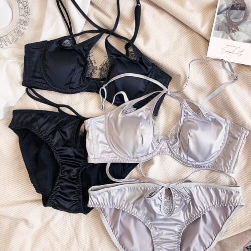 Honviey Sexy satin brassiere lace bandage bra with panties suit thin crystal cup no steel ring gathered underwear set bralette
