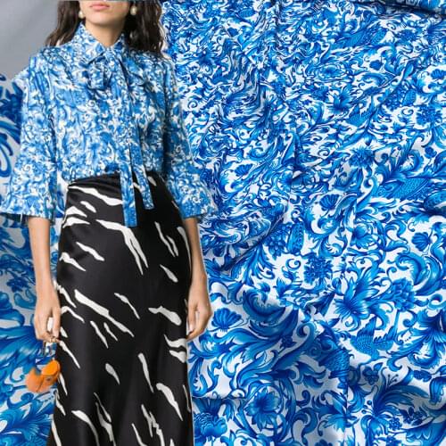 Printed blue and white porcelain pattern imitation silk stretch satin polyester soft fashion ladies shirt Scarf diy fabric cloth