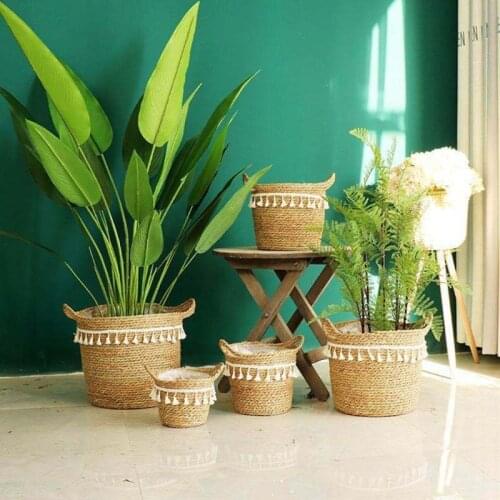 Nordic Handmade Straw Laundry Picnic Toy Storage Basket Tassel Macrame Woven Flower Pot Plant Container Home Garden Decoration