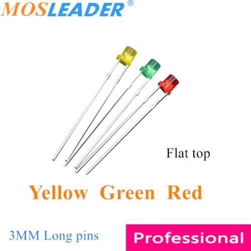 Mosleader 1000pcs Flat top LED 3MM Yellow Green Red Color turn color Long pins DIP Top flat led Light emitting diodes Transparen
