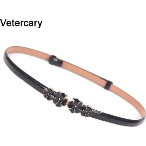 Thin PU Lether Belts for Women Belt red Dress Accessories ceinture femme cinturones mujer white enamel black flower buckle gold