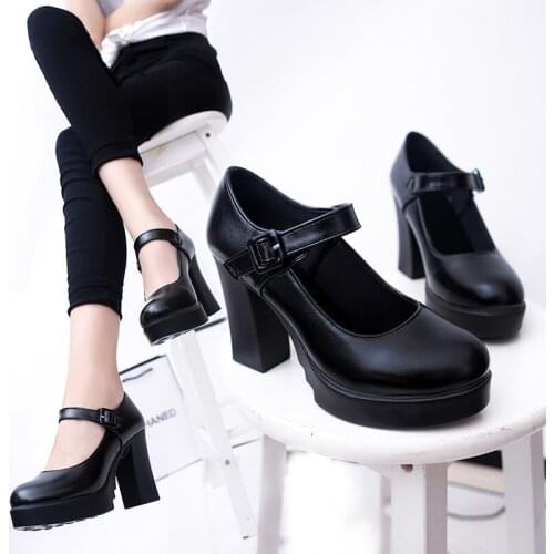 New Arrival Women Classic Pumps Shoes Spring Summer Black Leather Mary Jane Heels Fashion Buckle Platform Shoes Woman