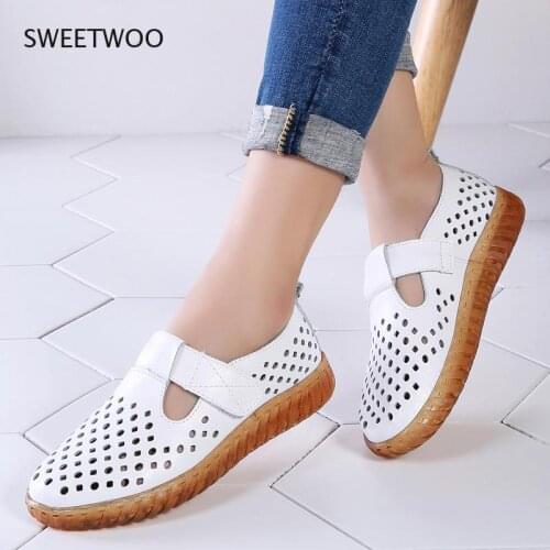 Summer Women Flats Shoes Cutouts Genuine Leather Loafers Shoes Woman Breathable Ballet Flats Oxford Women Casual Shoes