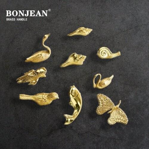 Solid Brass Animal Handle Gold Cabinet Door Butterfly Conch Snail Wardrobe Drawer Single Hole Knob Handles Diy Furniture Pulls