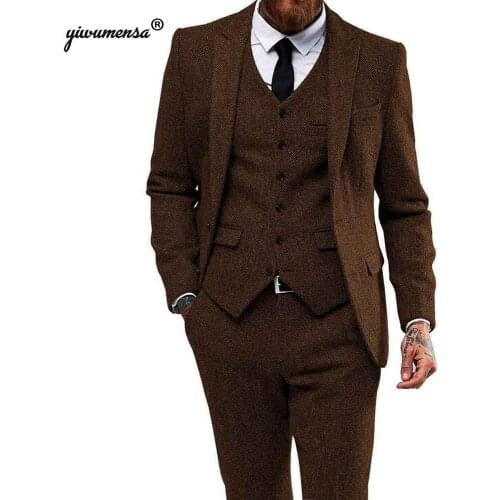 Royal Bule Herringbone Tweed Wedding Suits For Men 3 Pieces Smoking Blazer Man Suit Costume Homme Last Jacket With Pants Tuxedo