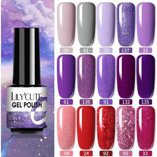 LILYCUTE 7ml UV Nail Gel Purple Glitter Series Nail Gel Semi Permanent UV LED Base MatteTop Coat For Painting Nail Art Gel Polis