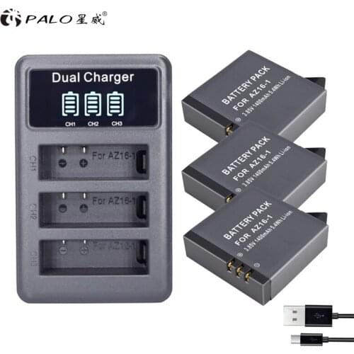 3Pcs 1400mAh 3.85V Battery AZ16-1+LED USB 3slots Charger for Xiaomi Yi 2 4K Battery Original Xiao Mi Yi Lite Action Cameras