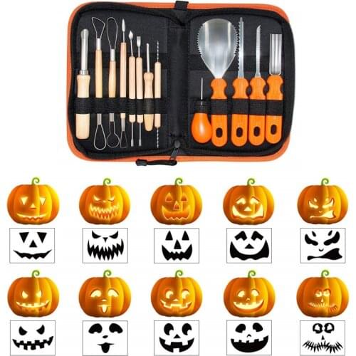13 Pieces/Set Pumpkin Carving Pumpkin Cutting Accessories Tools Stainless Steel with Stencils for Halloween Decor
