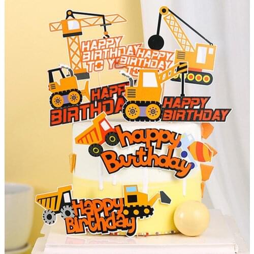 3Pcs Paper Cake Toppers DIY Interesting Nice-looking Boy Tractor Shape Birthday Cake Toppers Decorations Happy Birthday Toppers