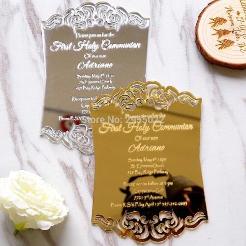 50 pcs Laser cut Personalised rose mirror silver acrylic invitation, Luxury Unique Day Invitations, Wedding Invitations