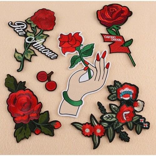 50pcs/lot Rose Flower Embroidery Patches Letters Clothing Decoration Accessories Diy Iron Heat Transfer Applique Clothes