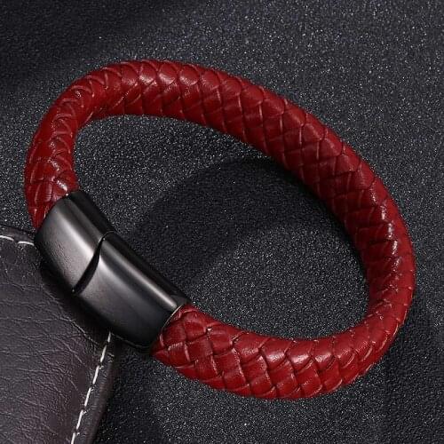 Trendy Red Braided Leather Bracelet Men Jewelry Stainless Steel Black Magnetic Clasp Male Bracelets Bangles Gifts ST0021
