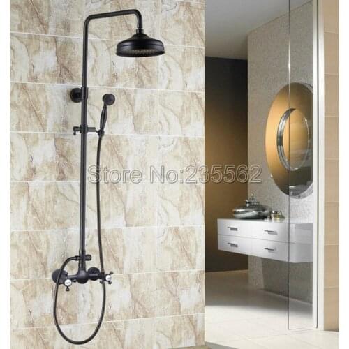 Black Oil Rubbed Bronze Bathroom Rain Shower Faucet Set Dual Cross Handle Mixer Tap Wall Mounted with Handheld Shower lrs497